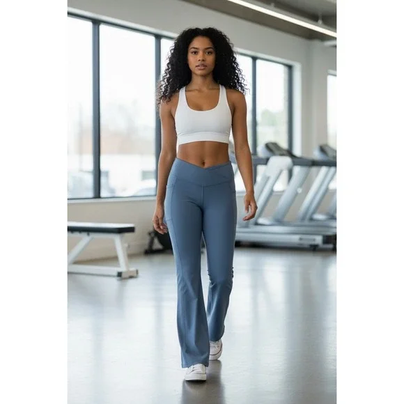 New Member's Mark Flare Yoga Pant Women Large Blue High Rise Crossover Pockets - Picture 3 of 16
